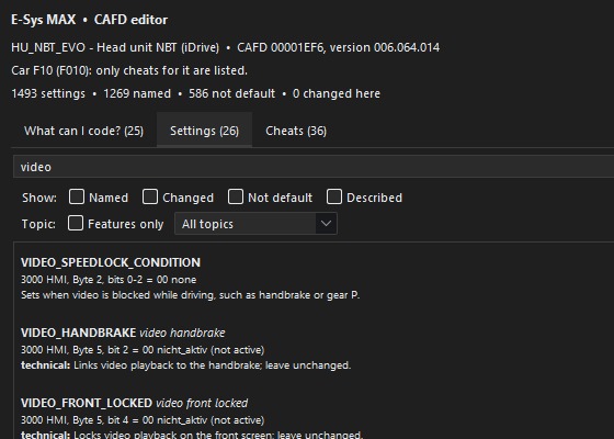 E-Sys MAX CAFD-Editor im FDL-Editor: 1269 von 1493 Einstellungen des Head Units benannt, Video-Einstellungen mit ihren Werten auf Englisch