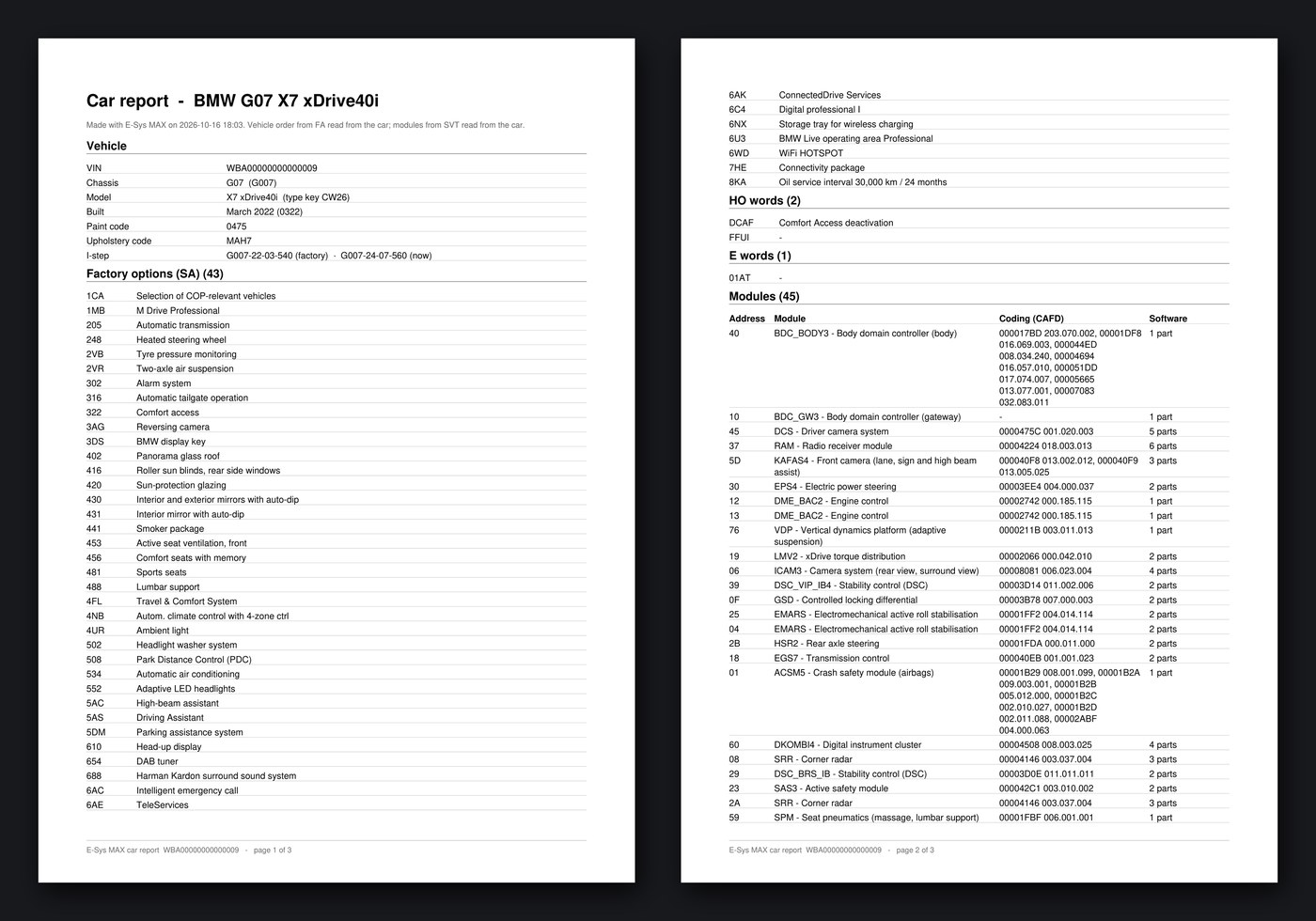 Two pages of an E-Sys MAX car report for a BMW X7: vehicle details, factory options by name, and the list of modules with their coding versions