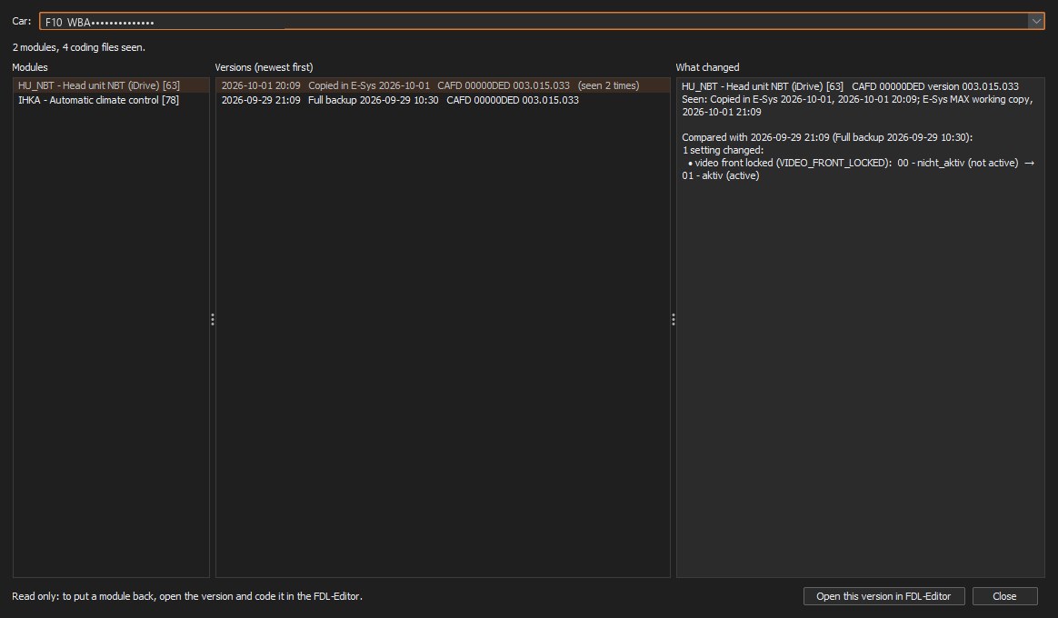Coding history: one setting changed between two versions of the head unit