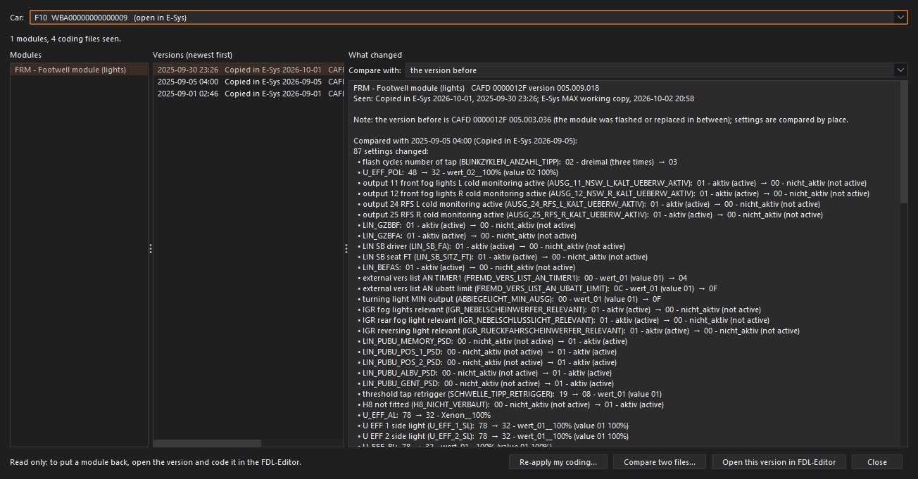 Historial de codificación en E-Sys MAX: cada ajuste que cambió entre dos versiones de la codificación del módulo del habitáculo (footwell)
