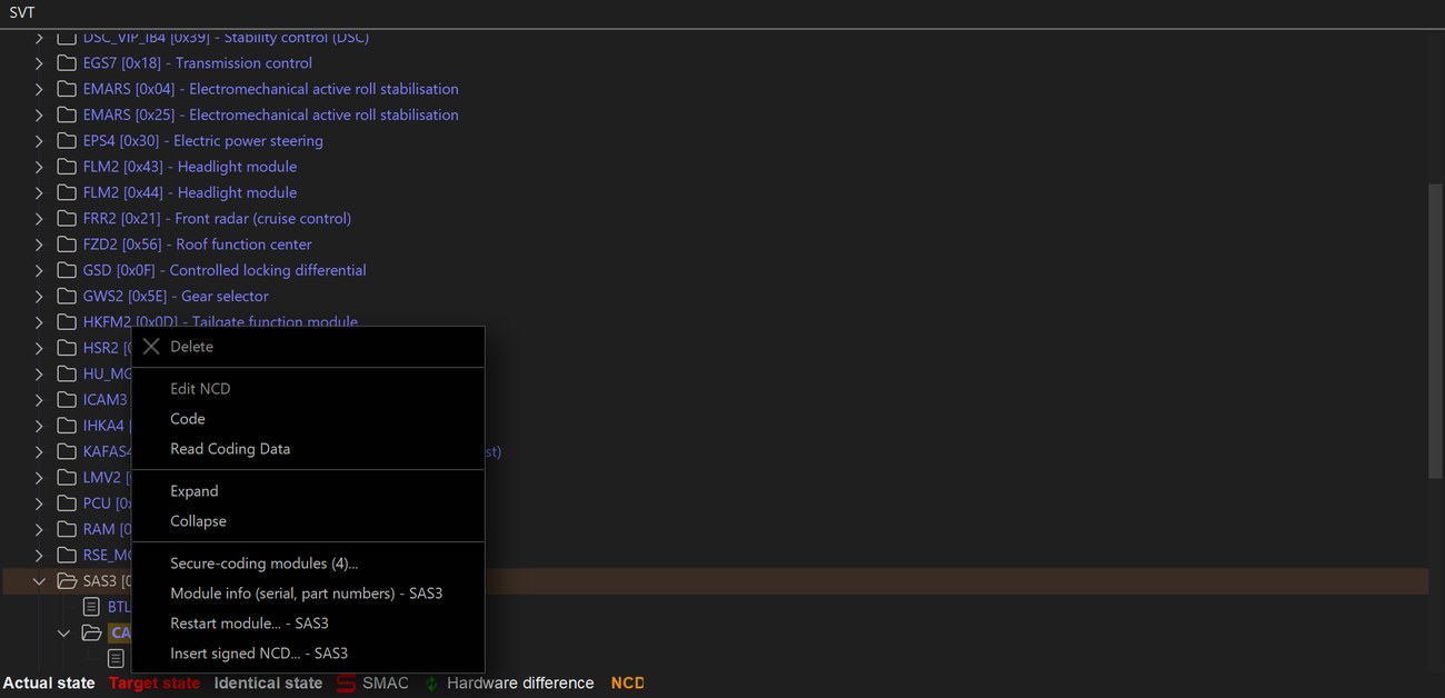 The right-click menu of a module in the SVT with E-Sys MAX: Secure-coding modules, Module info, Restart module and Insert signed NCD